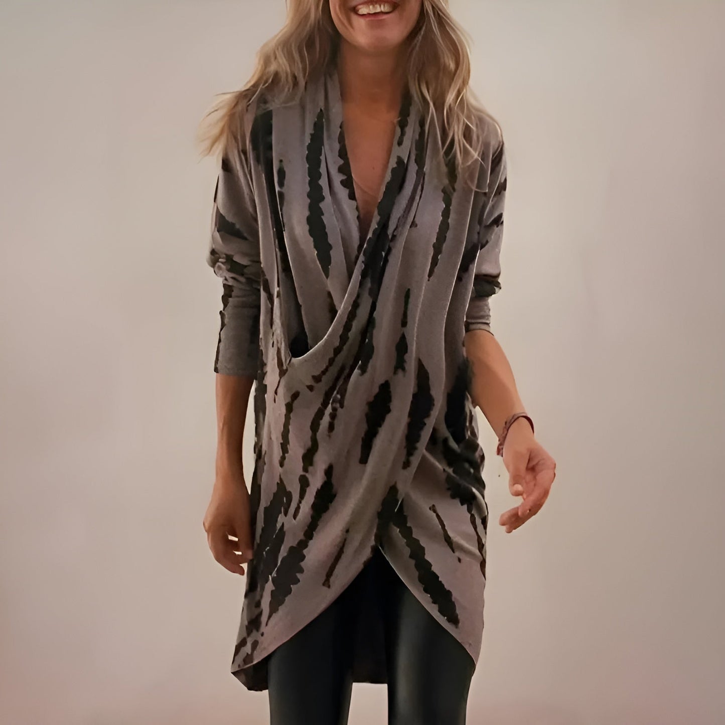 Draped Wrap Tunic | Abstract Print Long Sleeve | Relaxed Jersey Knit