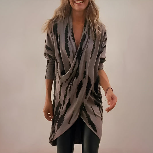 Draped Wrap Tunic | Abstract Print Long Sleeve | Relaxed Jersey Knit