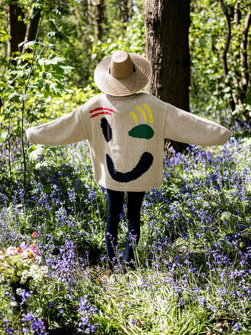 Oversized Knit Sweater | Abstract Face Embroidery | Art-Inspired Statement Pullover