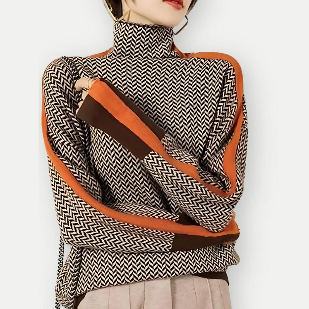 Chevron Knit Turtleneck Sweater | Contrast Striped Sleeves | Fall-Winter Pullover