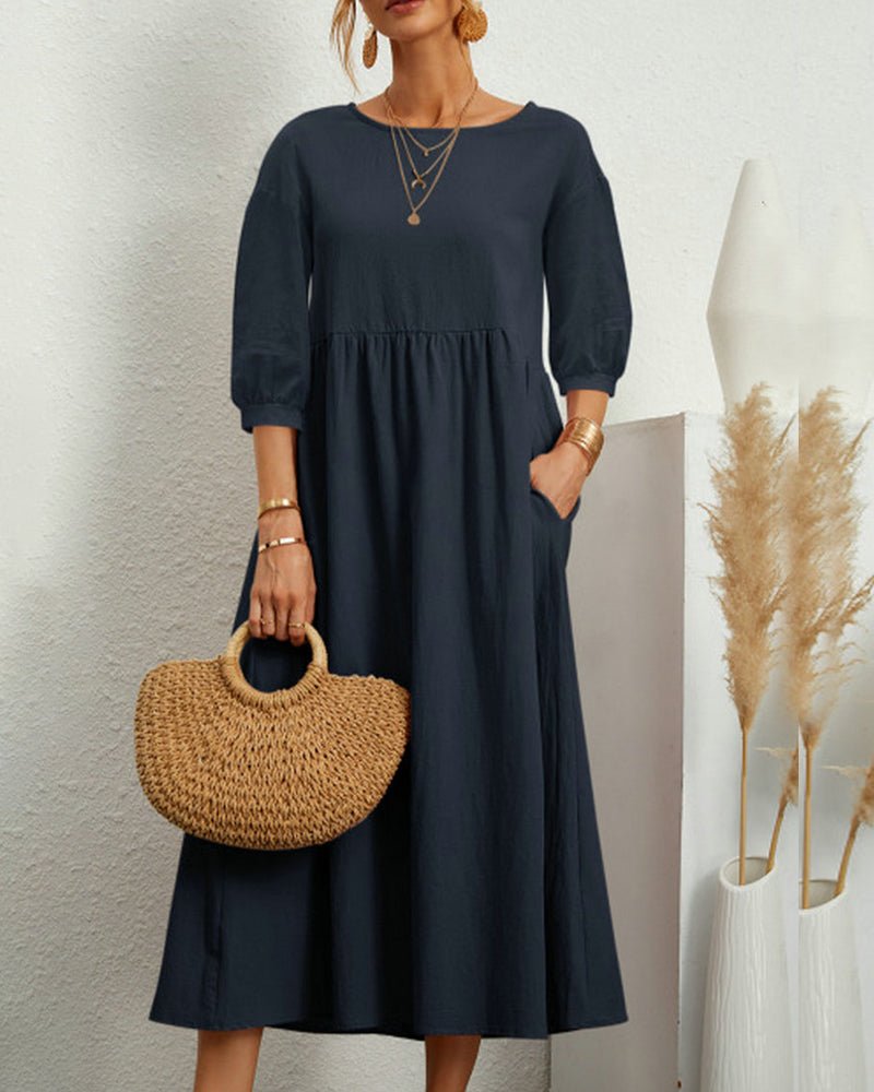 Cotton Blend Midi Dress | 3/4 Sleeve | Relaxed Waist with Pockets