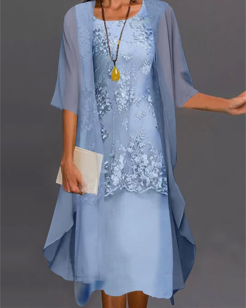 Embroidered Midi Dress with Sheer Cape | 2-Piece Set | Elegant Occasionwear
