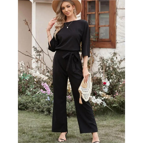 Wide-Leg Belted Jumpsuit | Cropped Sleeve | Modern One-Piece Style
