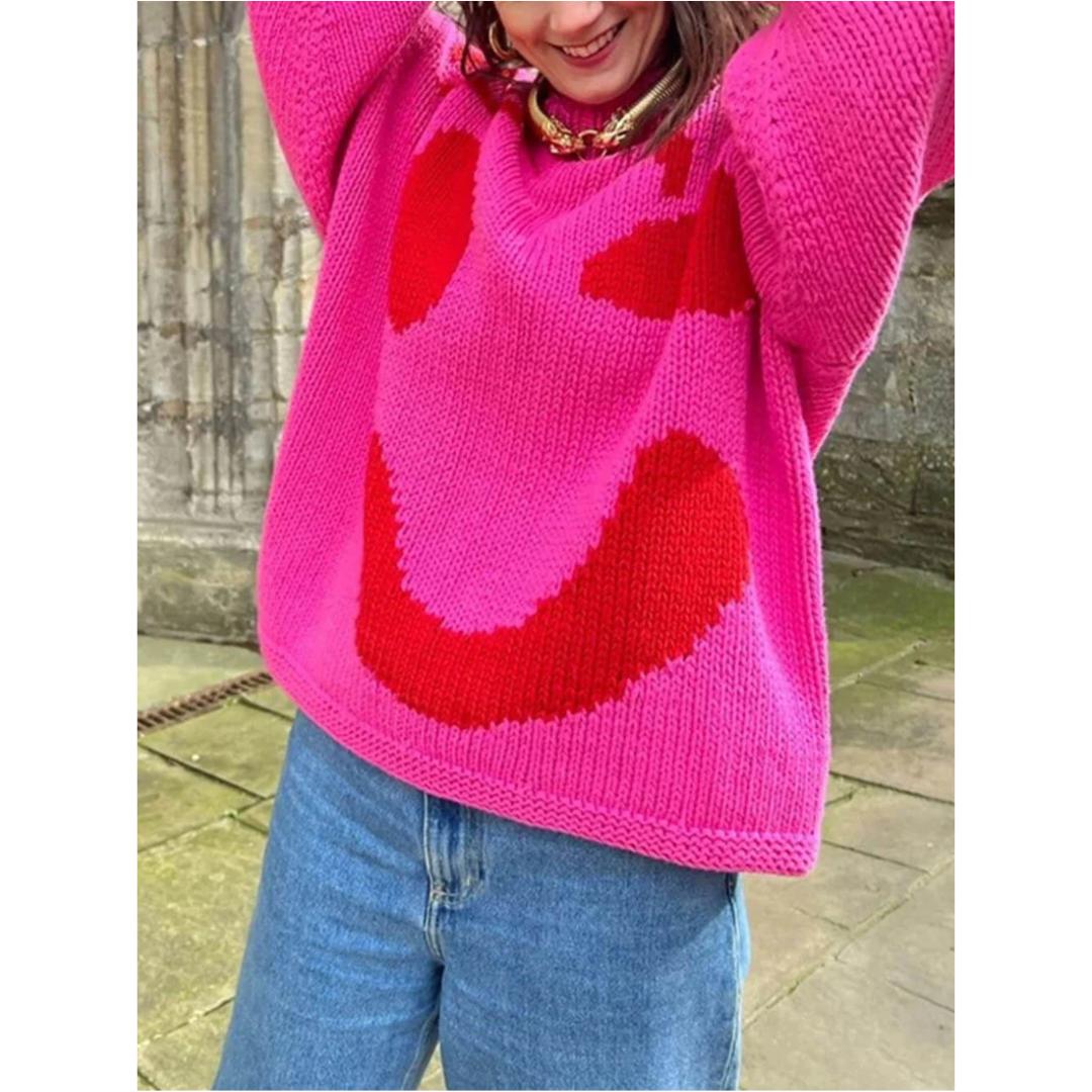 Oversized Knit Sweater | Abstract Face Embroidery | Art-Inspired Statement Pullover