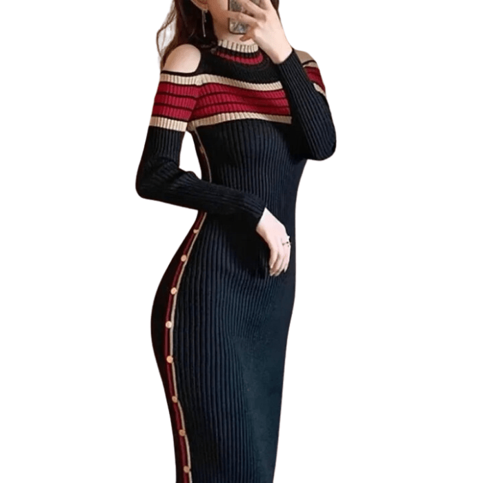 Cold-Shoulder Knit Midi Dress | Striped Detail & Side Button Slit | Sleek Fall Style
