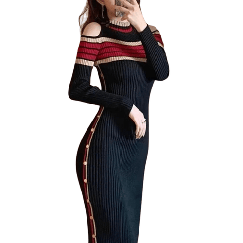 Cold-Shoulder Knit Midi Dress | Striped Detail & Side Button Slit | Sleek Fall Style