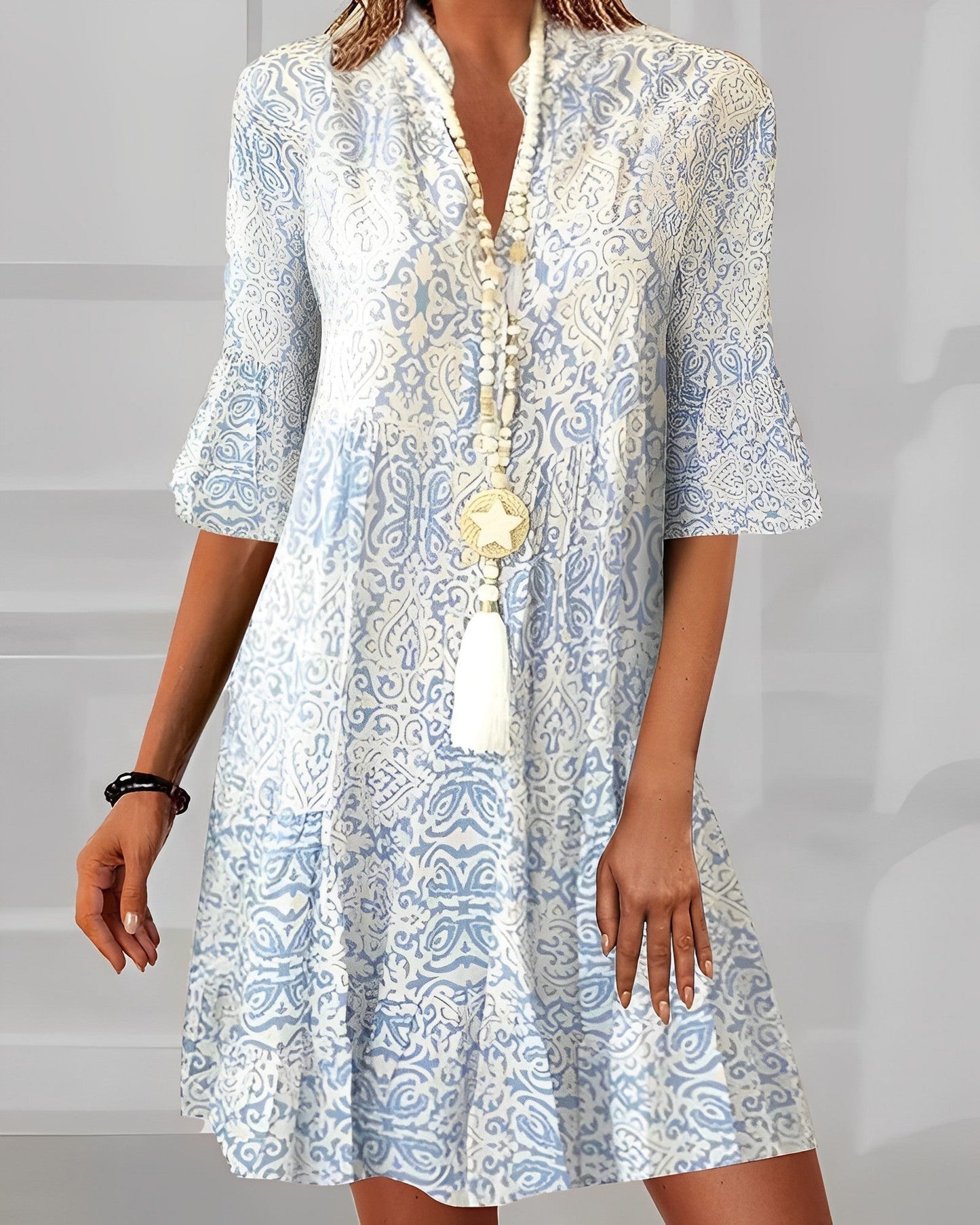 Boho Print Tunic Dress | Lightweight Rayon | Flared Sleeve