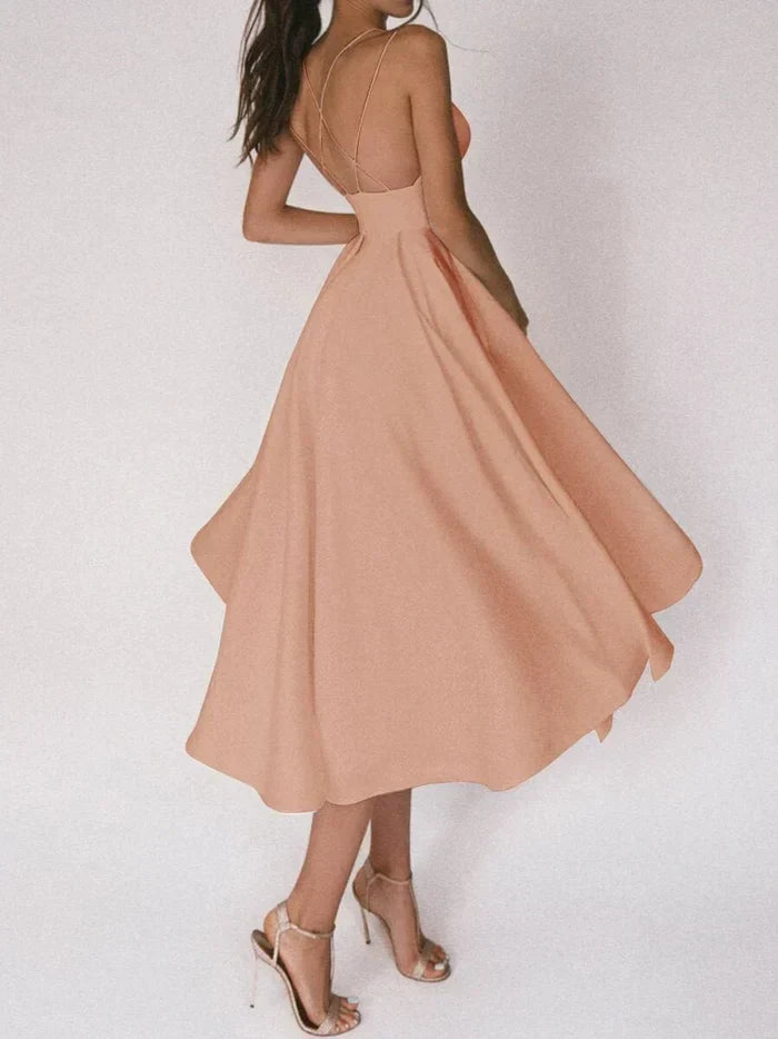 Plunge Neck A-Line Gown | Spaghetti Strap Maxi Dress | Elegant Bridal Silhouette