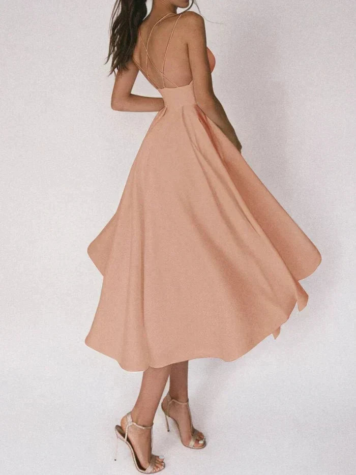 Deep V-Neck Red Gown | Spaghetti Strap Formal Dress | Flowy Floor-Length Silhouette