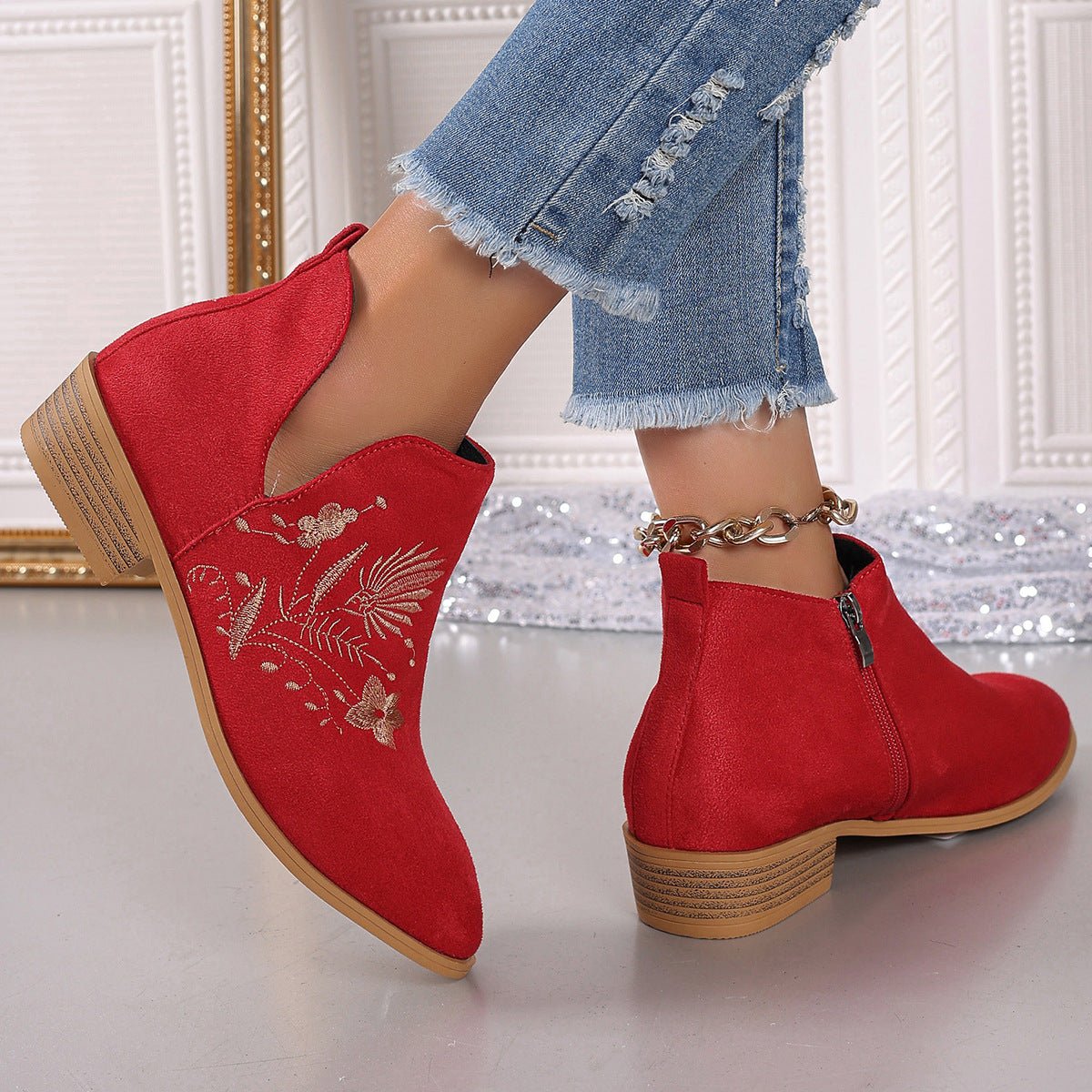 Embroidered Ankle Boots | Suede | Low Heel | Boho Chic