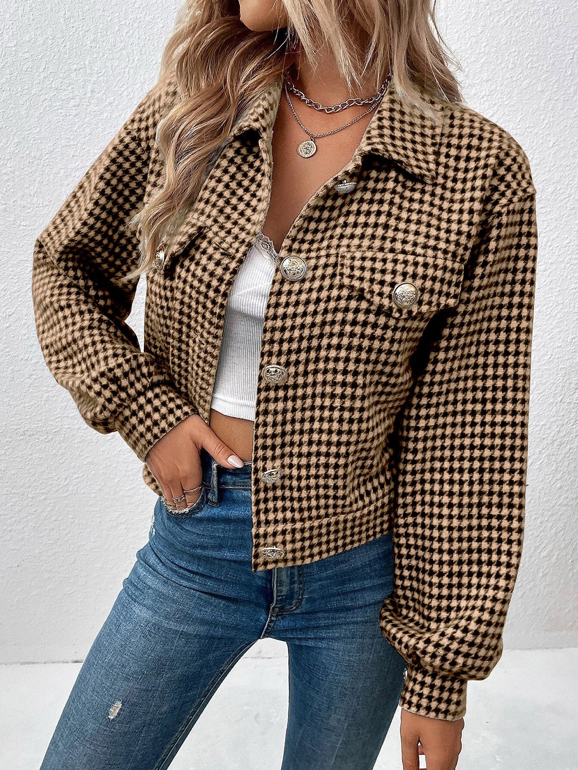 Houndstooth Button-Down Shacket | Trendy Oversized Fit | Soft Polyester Blend | Casual Layering