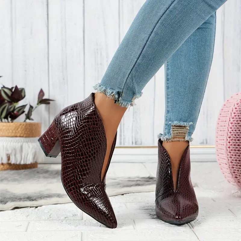 Textured Ankle Boots | Snakeskin Look with Curved Cut | Mid Heel Western Style