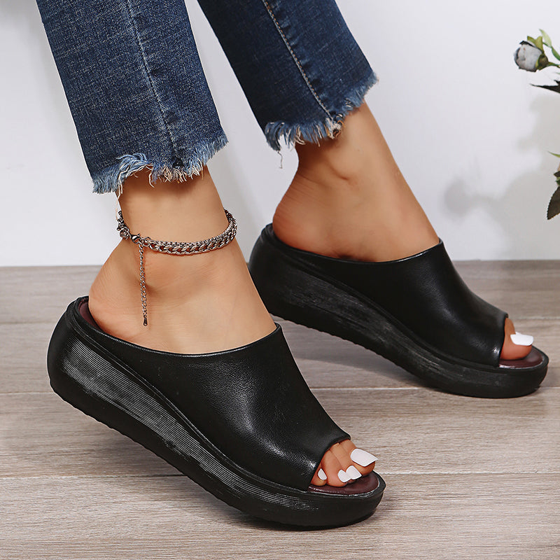 Minimalist Open-Toe Slides | Faux Leather Slip-On | Cushioned Flat Sole