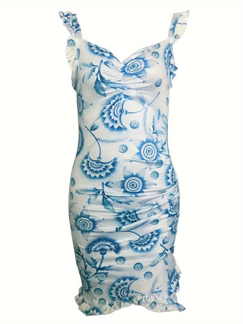 Floral Ruffle Mini Dress | Ruched Bodycon Fit with Sweetheart Neckline | Summer Occasionwear
