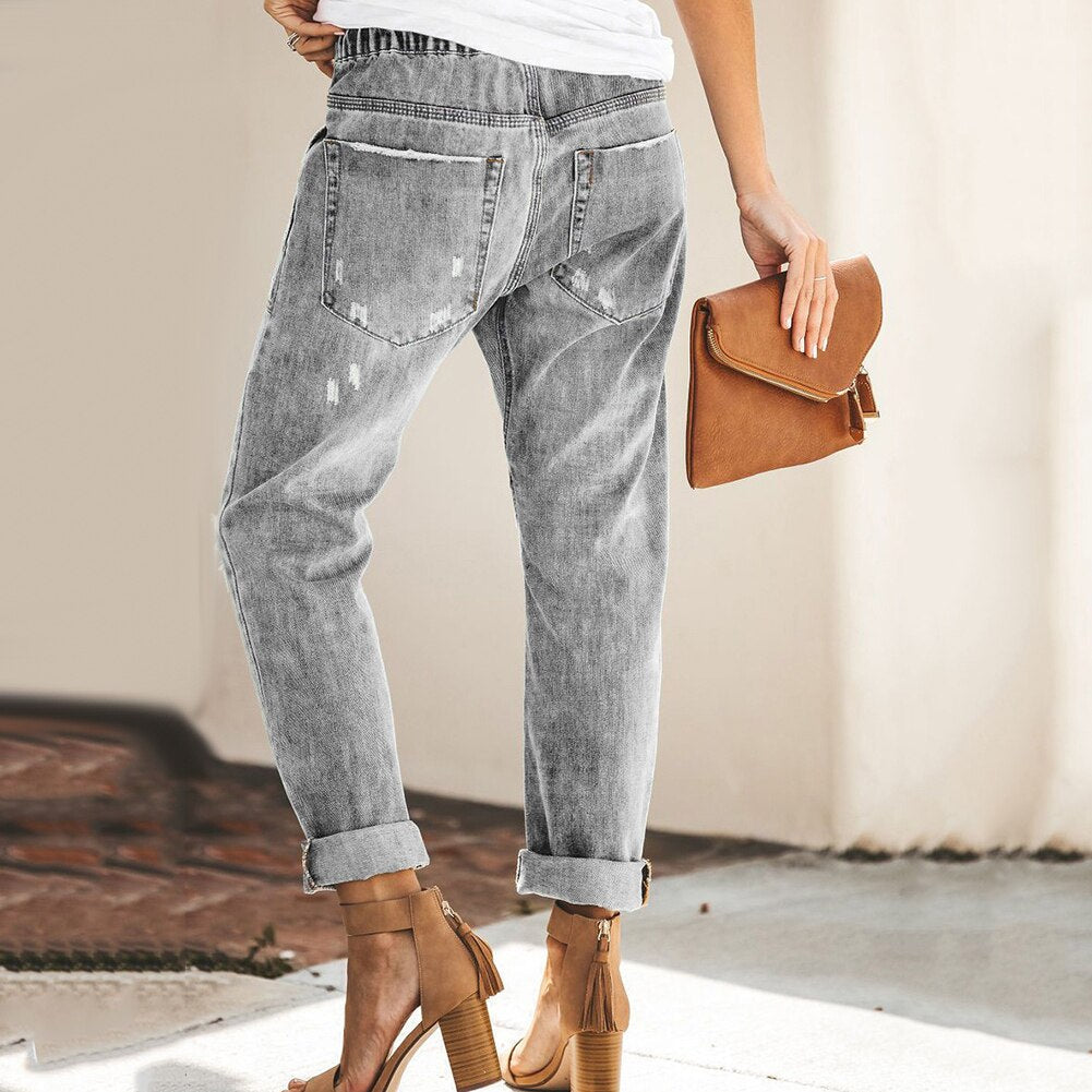 Distressed Denim Jogger Pants | Drawstring Waist Relaxed Jeans | Casual Streetwear Fit