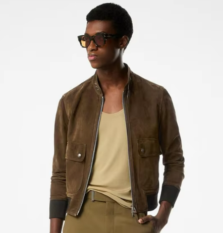 Suede Bomber Jacket | Ribbed Trim & Dual-Button Chest Pockets