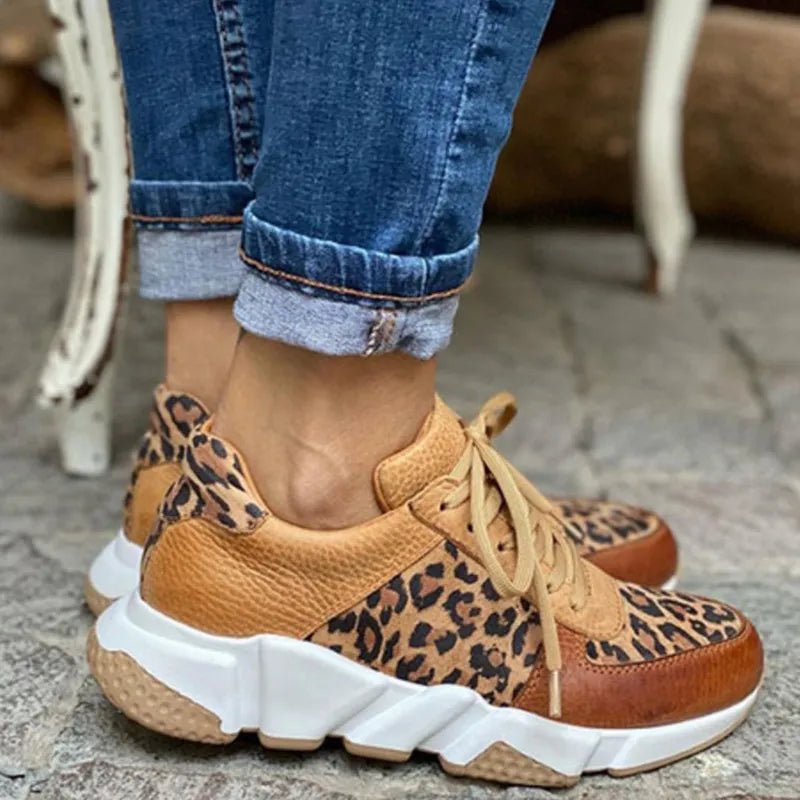 Leopard Print Chunky Sneakers | Mixed Material Lace-Ups with Cushioned Sole