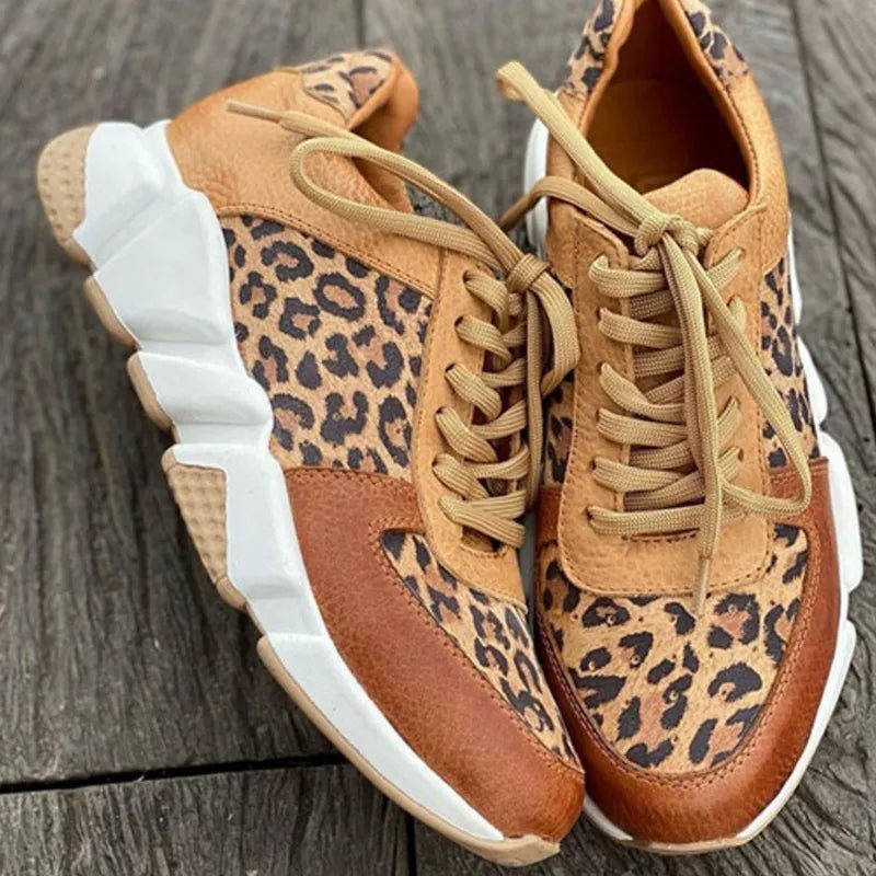 Leopard Print Chunky Sneakers | Mixed Material Lace-Ups with Cushioned Sole