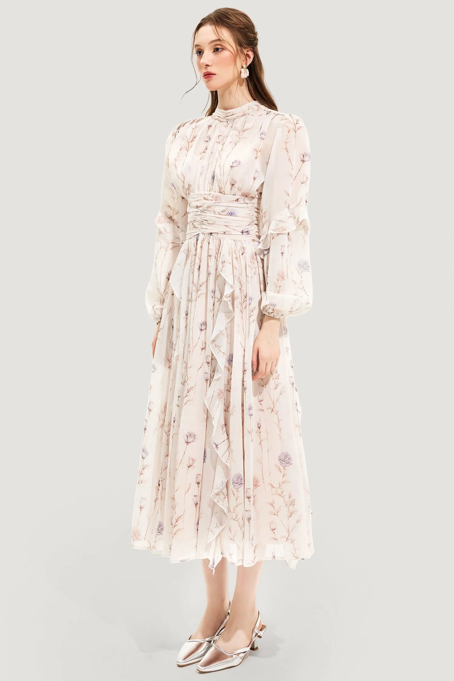 Floral Chiffon Midi Dress | Long-Sleeve Fit-and-Flare with Ruffle Trim