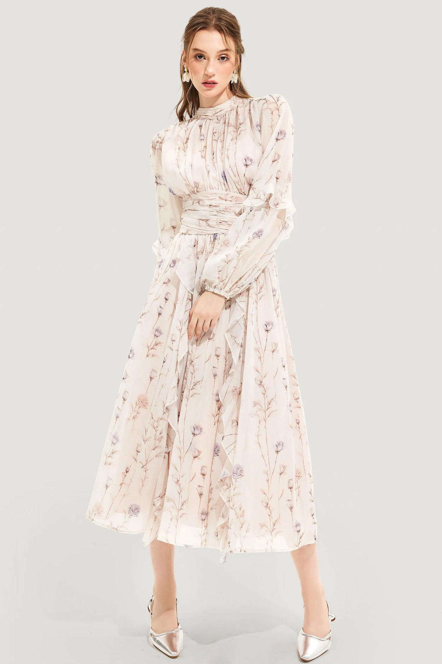 Floral Chiffon Midi Dress | Long-Sleeve Fit-and-Flare with Ruffle Trim