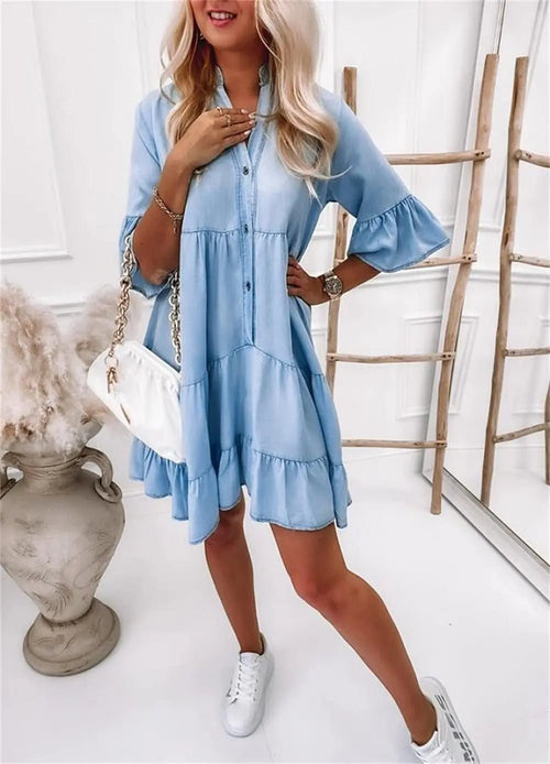 Cotton Denim Tiered Mini Dress | Button Front | Relaxed A-Line Fit