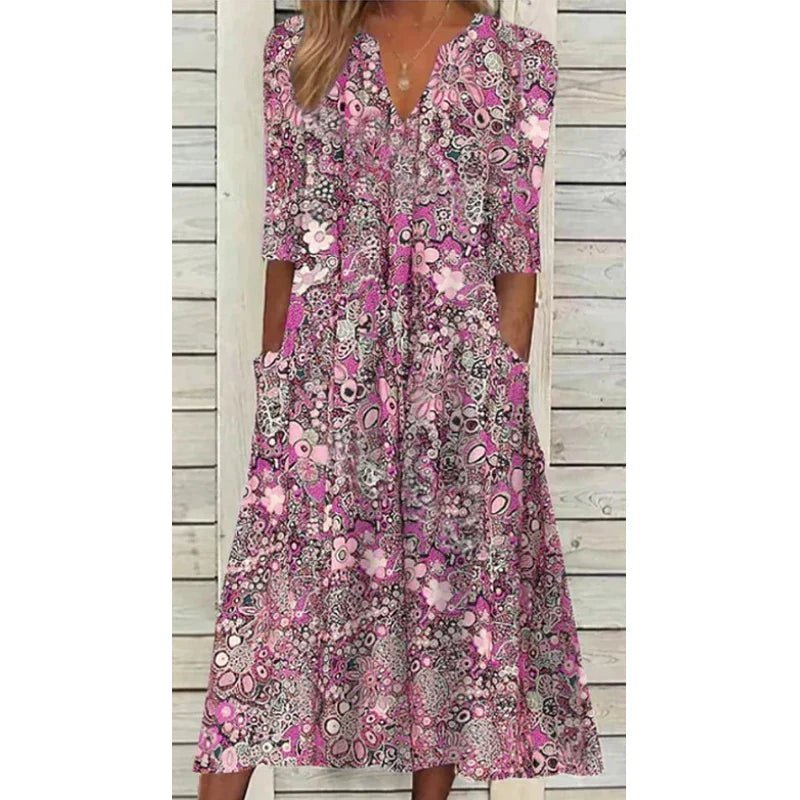 Boho Midi Dress with Pockets | V-Neckline | Flowing Silhouette