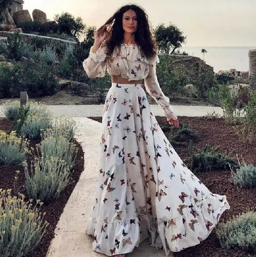 Butterfly Print Two-Piece Set | Cropped Blouse & Wide-Leg Pants | Flowing Fabric | Elegant Statement