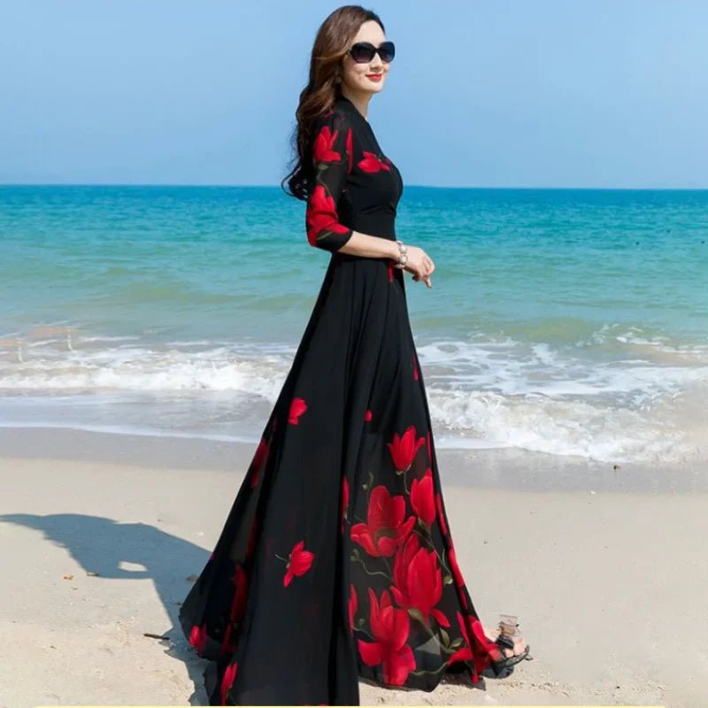Rose Print Maxi Dress | Elegant Floral Design | Lightweight Chiffon | Statement Evening Wear