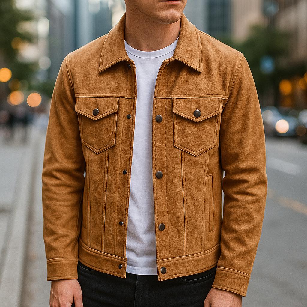 Men’s Suede Trucker Jacket | Classic Button-Up Outerwear for Transitional Weather