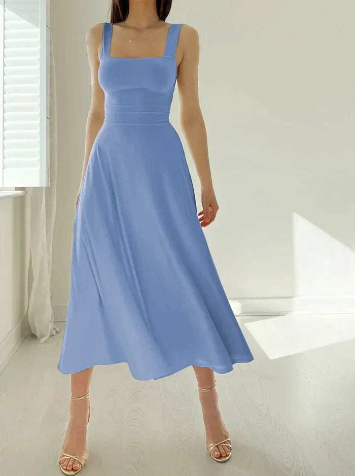 Square Neck Sleeveless Midi Dress | Fitted Bodice Flared Hem | Elegant Summer Occasion Look