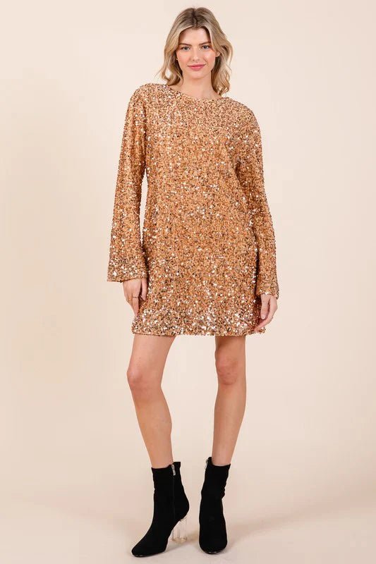 Sequin Long-Sleeve Mini Dress | Sparkling Finish | Festive Party Look