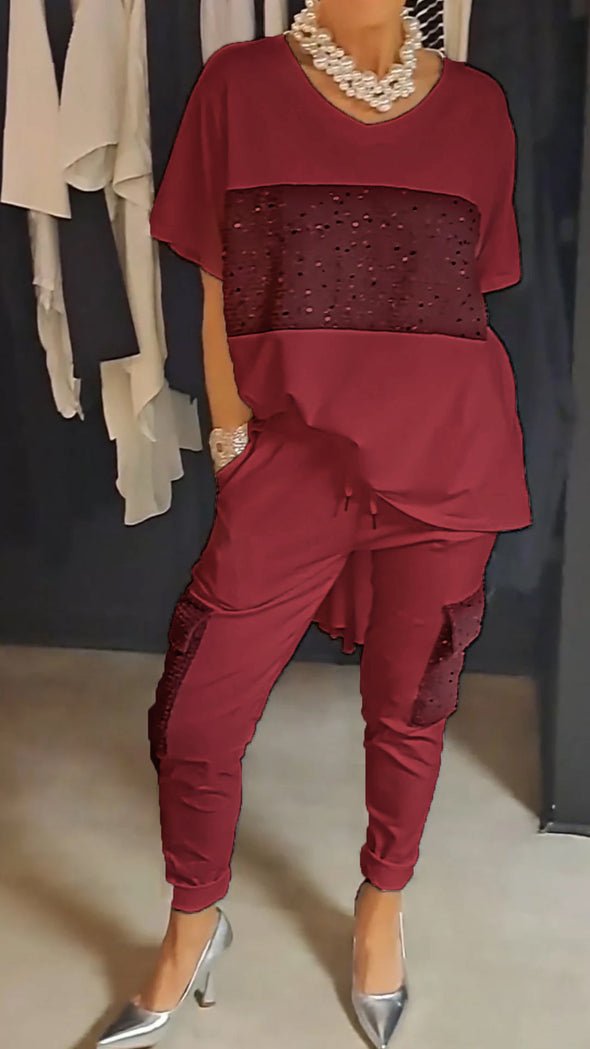 Embellished Two-Piece Pant Set | Relaxed Fit Tunic and Tapered Pants