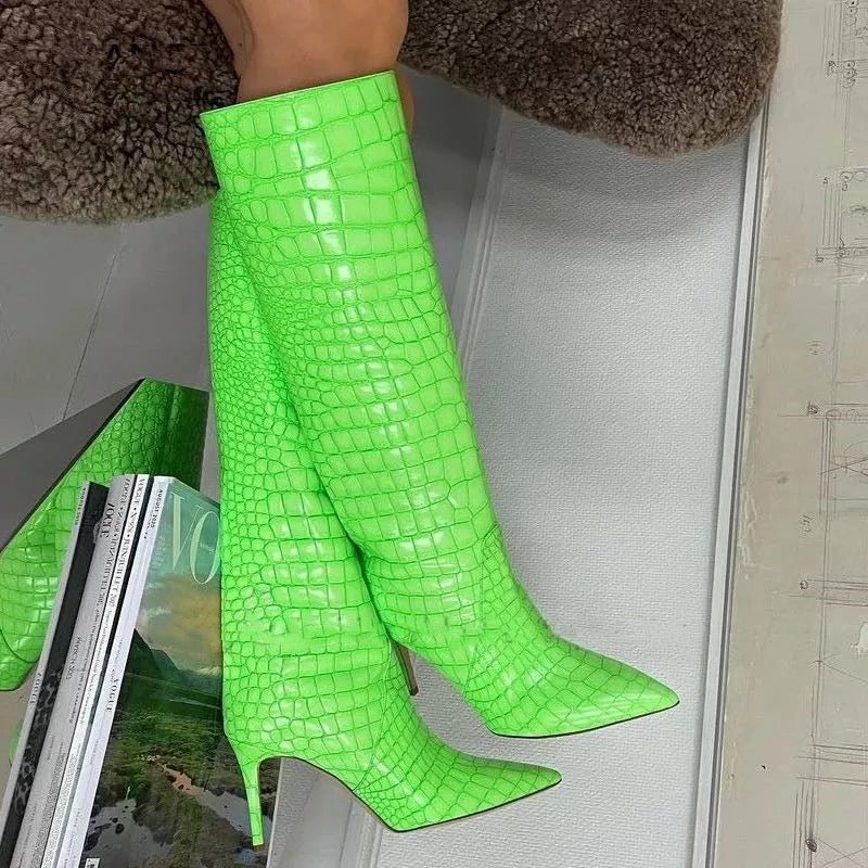 Croc-Embossed Knee-High Boots | Bold Colours | Pointed Toe | Statement Style