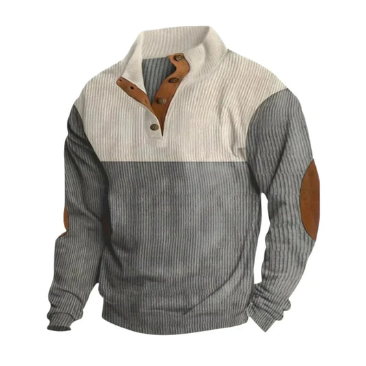 Colourblock Henley Fleece Pullover | Suede Elbow Patch | Casual Quarter-Snap Sweater