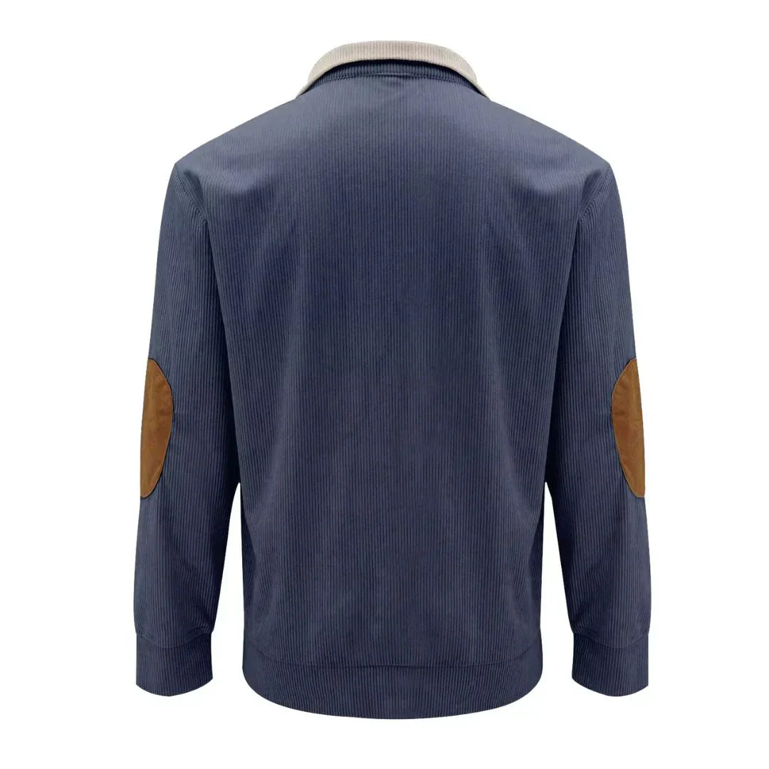 Colourblock Henley Fleece Pullover | Suede Elbow Patch | Casual Quarter-Snap Sweater