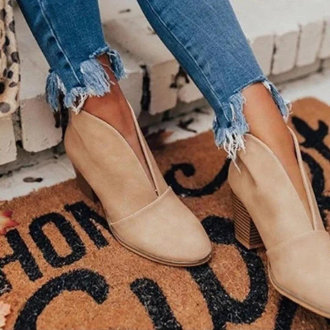 V-Cut Ankle Booties | Slip-On Chunky Heel Boots | Fall Casual Footwear