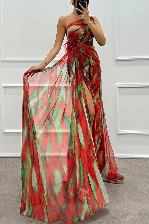 Watercolour Chiffon Gown dress | One-Shoulder Design & Side Slit | Bold Abstract Print