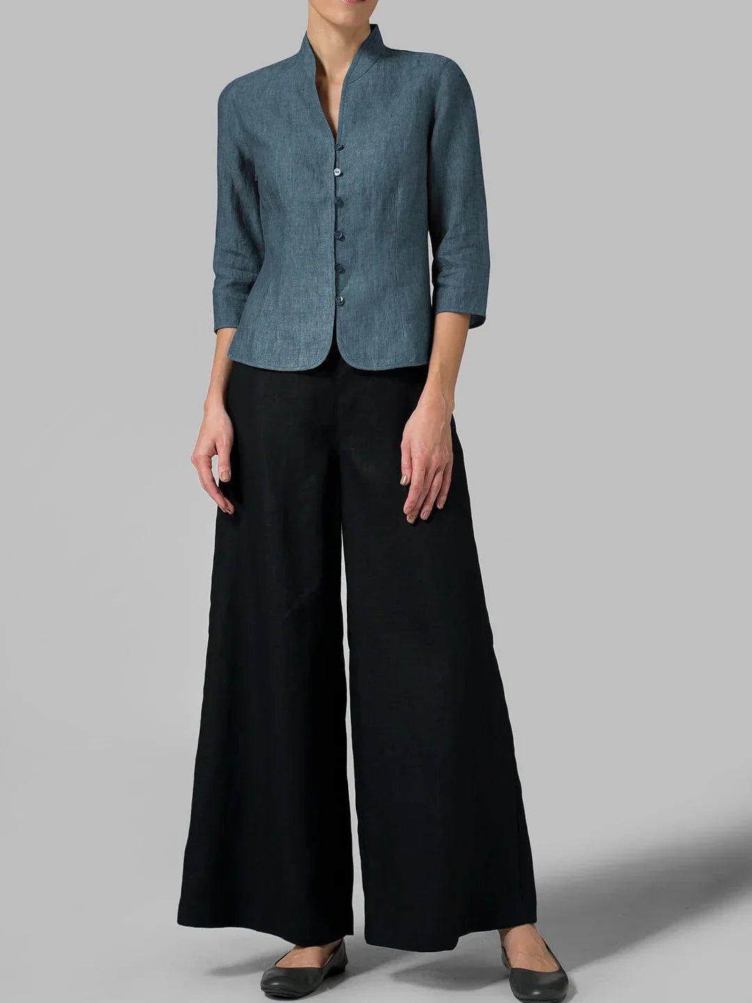 Mandarin Collar Button Blouse | 3/4 Sleeve | Tailored Linen Blend
