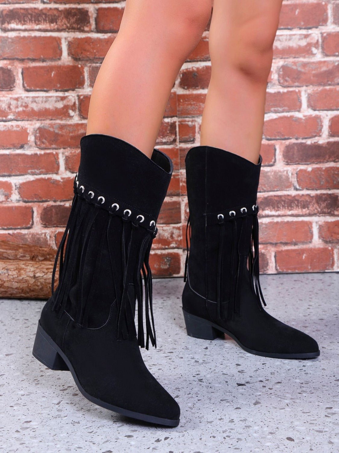 Western Fringe Mid-Calf Boots | Faux Suede | Studded Details | Boho Chic Footwear