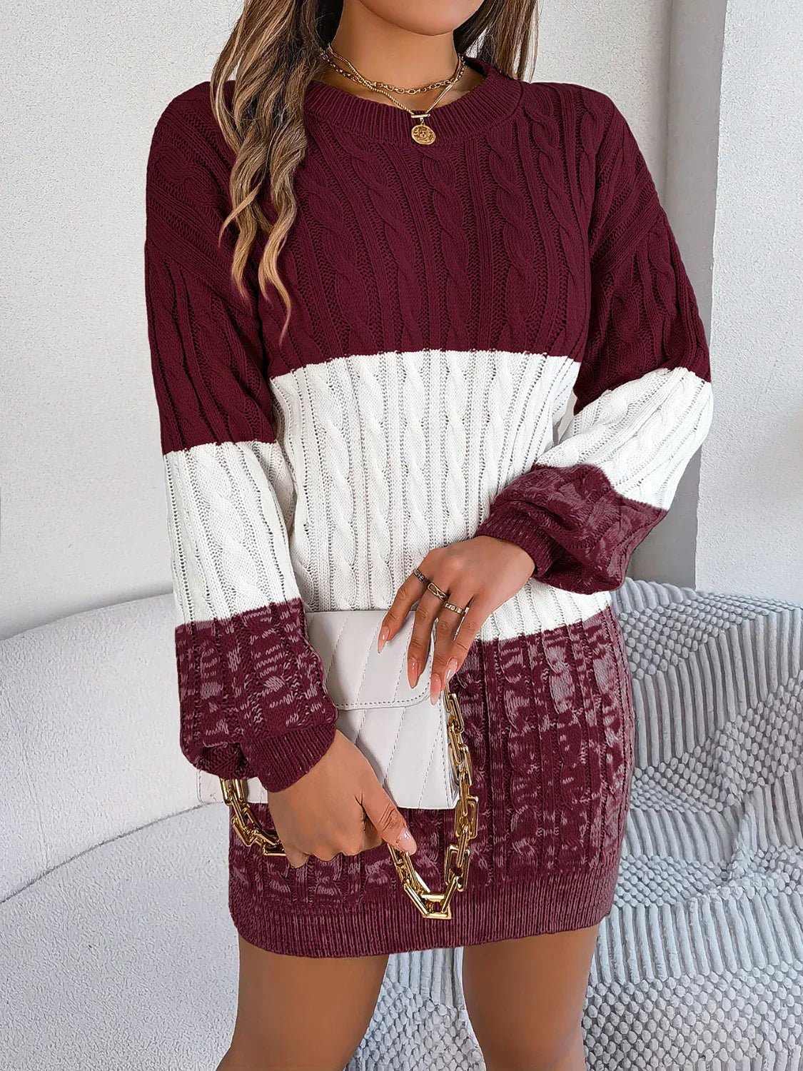 Colour-Block Cable Knit Sweater Dress | Long Sleeves | Cozy Winter Style