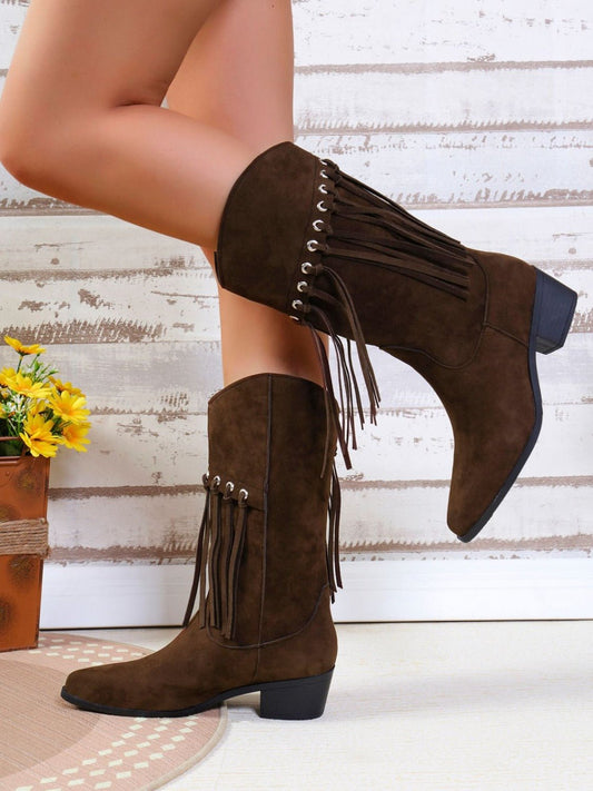 Western Fringe Mid-Calf Boots | Faux Suede | Studded Details | Boho Chic Footwear
