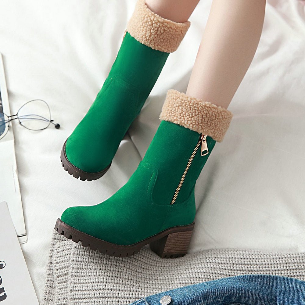 Faux Suede Ankle Boots with Fur Cuff | Warm Lining | Block Heel | Winter Essentials