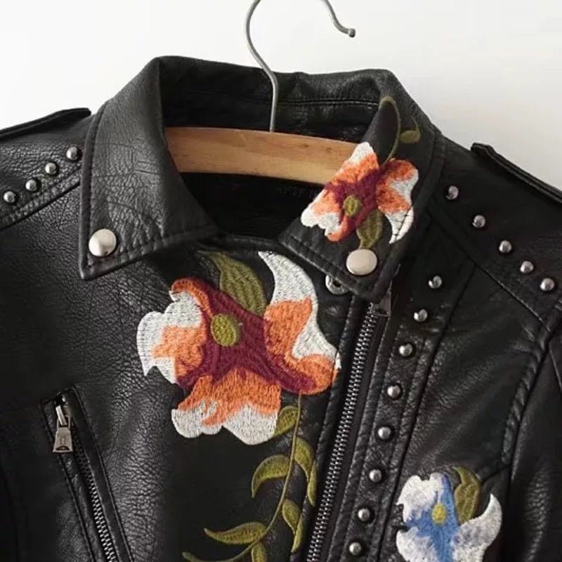 Floral Embroidered Faux Leather Jacket | Studded Details | Bold Moto Style | Versatile Outerwear