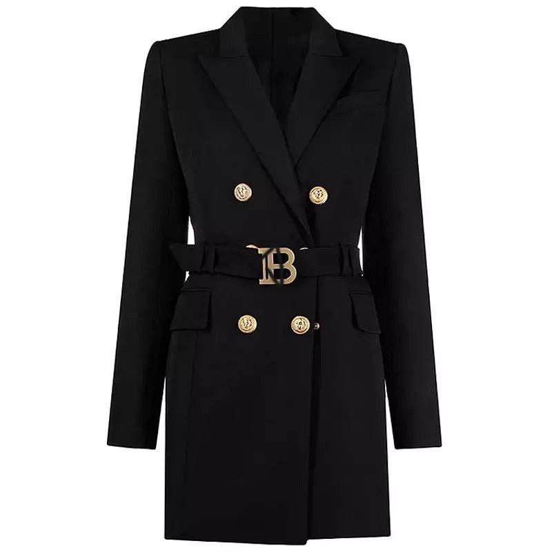 Belted Double-Breasted Blazer Dress | Gold Button Accents | Tailored Elegance | Versatile Style