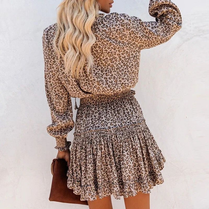 Leopard Print Ruffle Mini Dress | Smocked Waist & Long Sleeves | Lightweight Fall Style