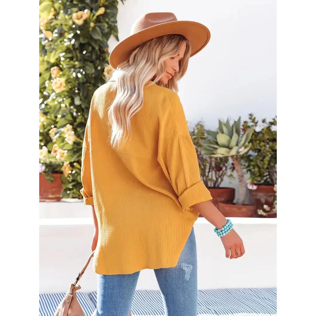 Textured Button-Up Shirt | Relaxed Fit with Chest Pocket | Lightweight Casual Blouse
