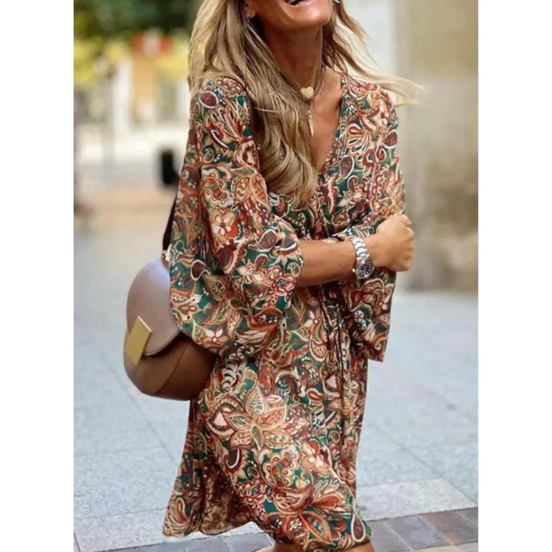 Women's Paisley Print Mini Dress | Flowy Long Sleeve V-Neck | Casual Boho Fall Outfit