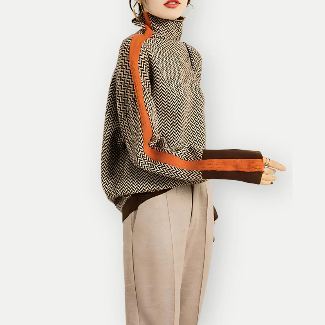 Chevron Knit Turtleneck Sweater | Contrast Striped Sleeves | Fall-Winter Pullover