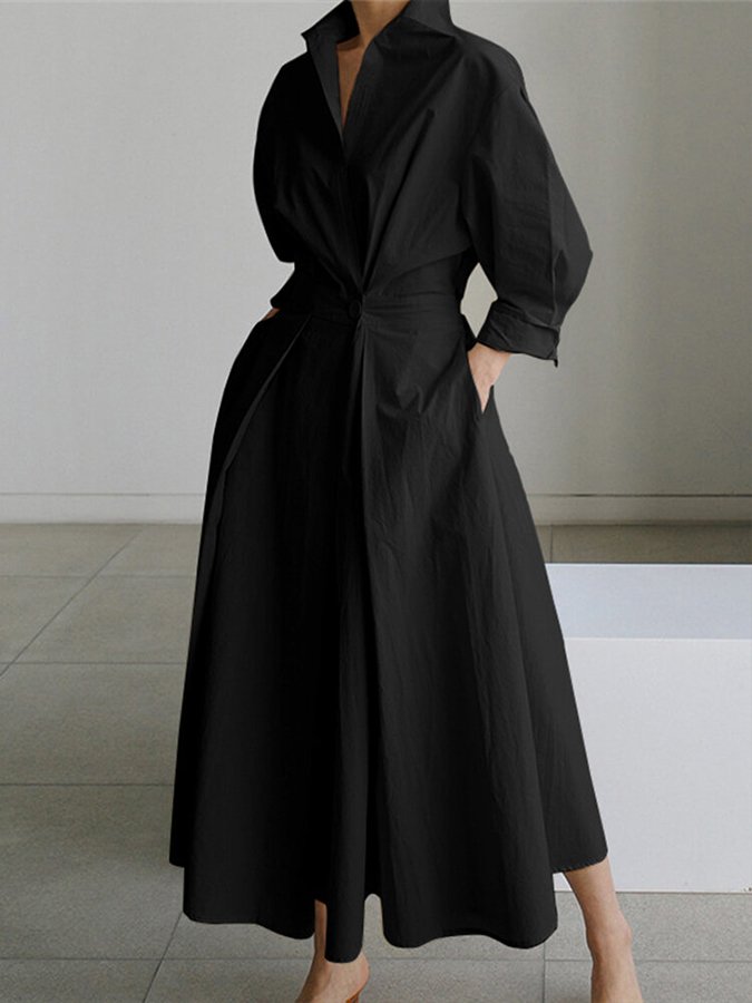 Structured Shirt Dress | Waist Pleat Detail & Midi Hem | Crisp Cotton Blend