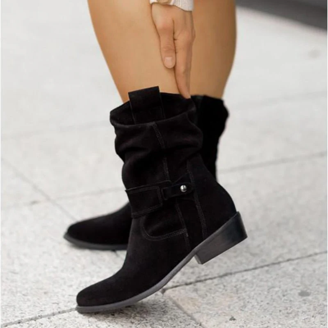 Mid-Calf Slouch Boots | Microsuede | Low Block Heel Zip-Up